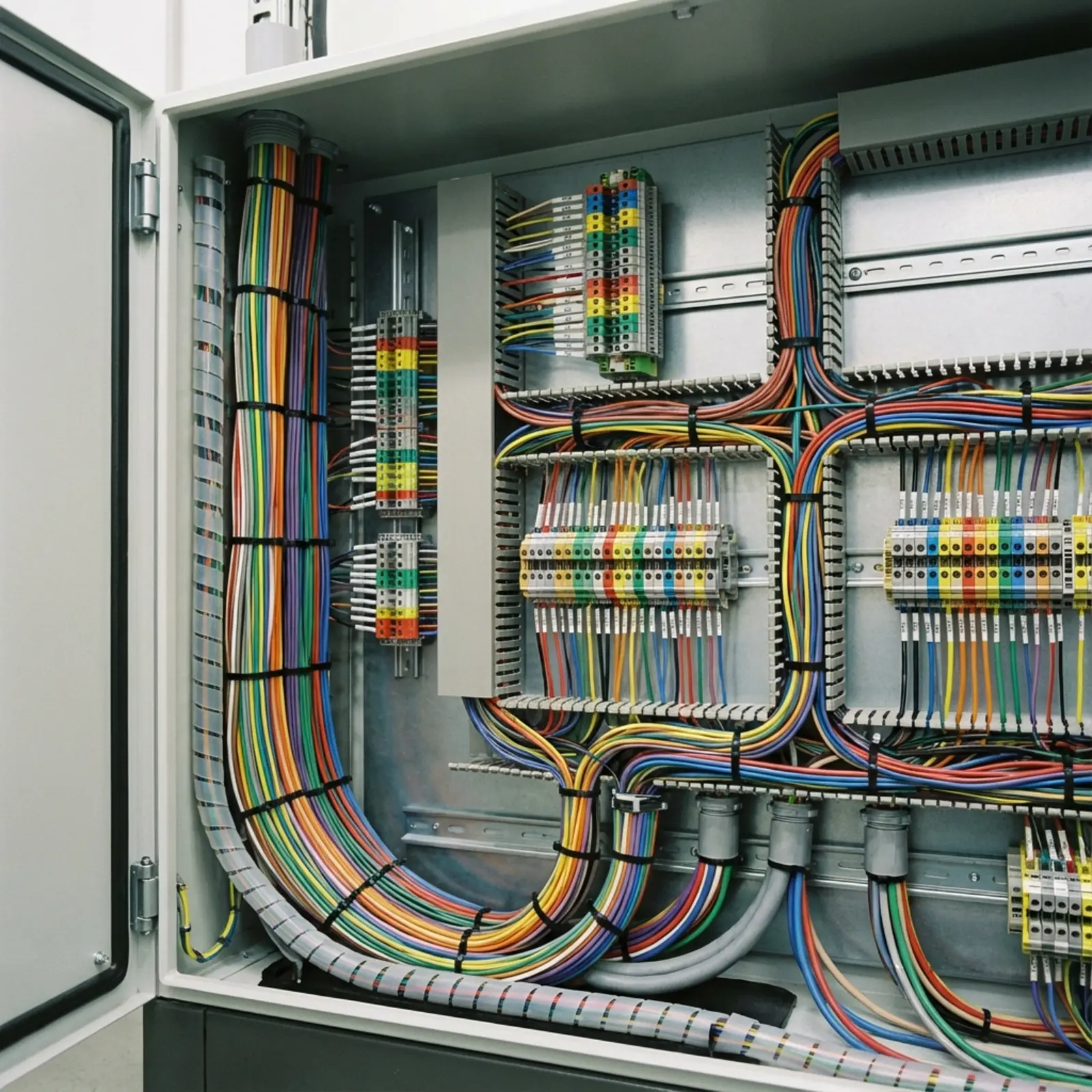 Industrial VFD control panel assembly with wire ducting and terminal blocks
